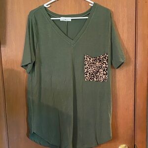 Zenana Outfitters Olive Green V-Neck Tee with Leopard Accent